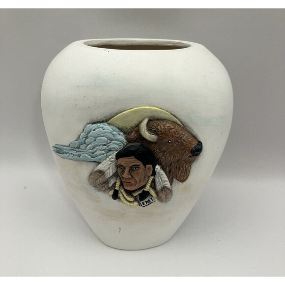 Other - Native American Indigenous Themed Pottery Small Vase Signed Neutral Tone